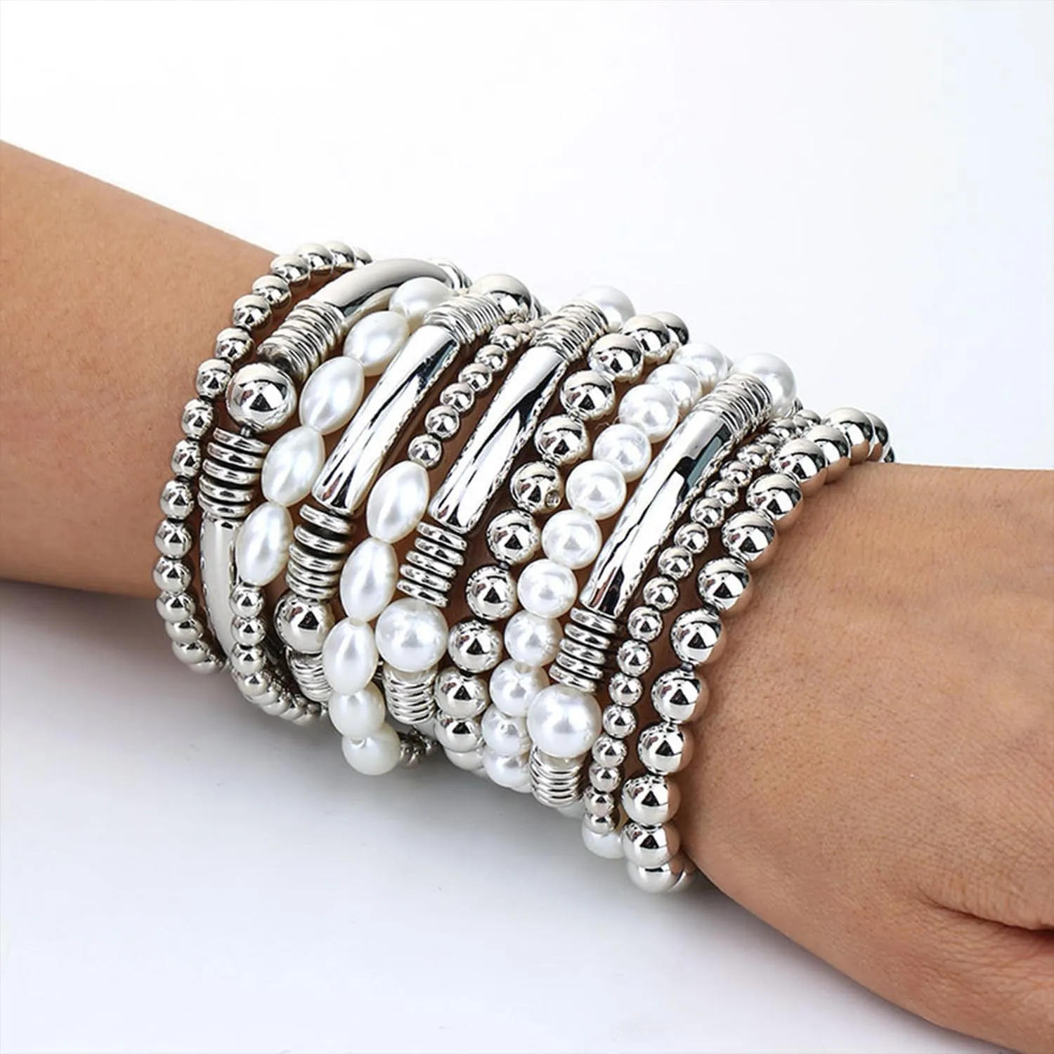 10Pcs Gold Beaded Bracelets Natural Pearl Bracelets Stackable Bracelets Stretch Bracelets for Women