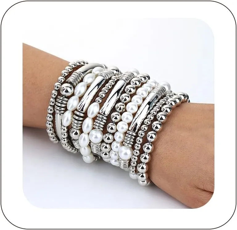 10Pcs Gold Beaded Bracelets Natural Pearl Bracelets Stackable Bracelets Stretch Bracelets for Women