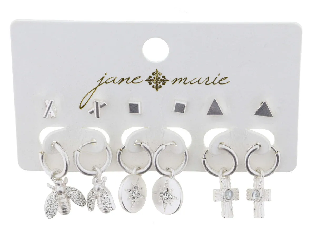 3 Stud and 3 Hoops, Silver Bee Earring Set