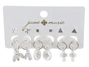 3 Stud and 3 Hoops, Silver Bee Earring Set