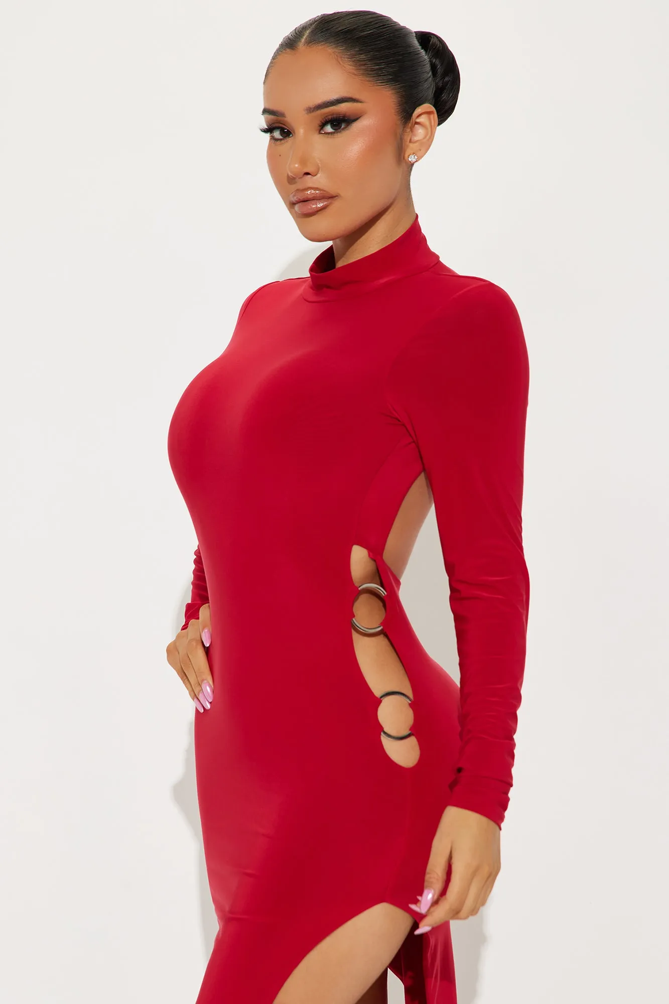 Aliyah Asymmetrical Midi Dress - Red
