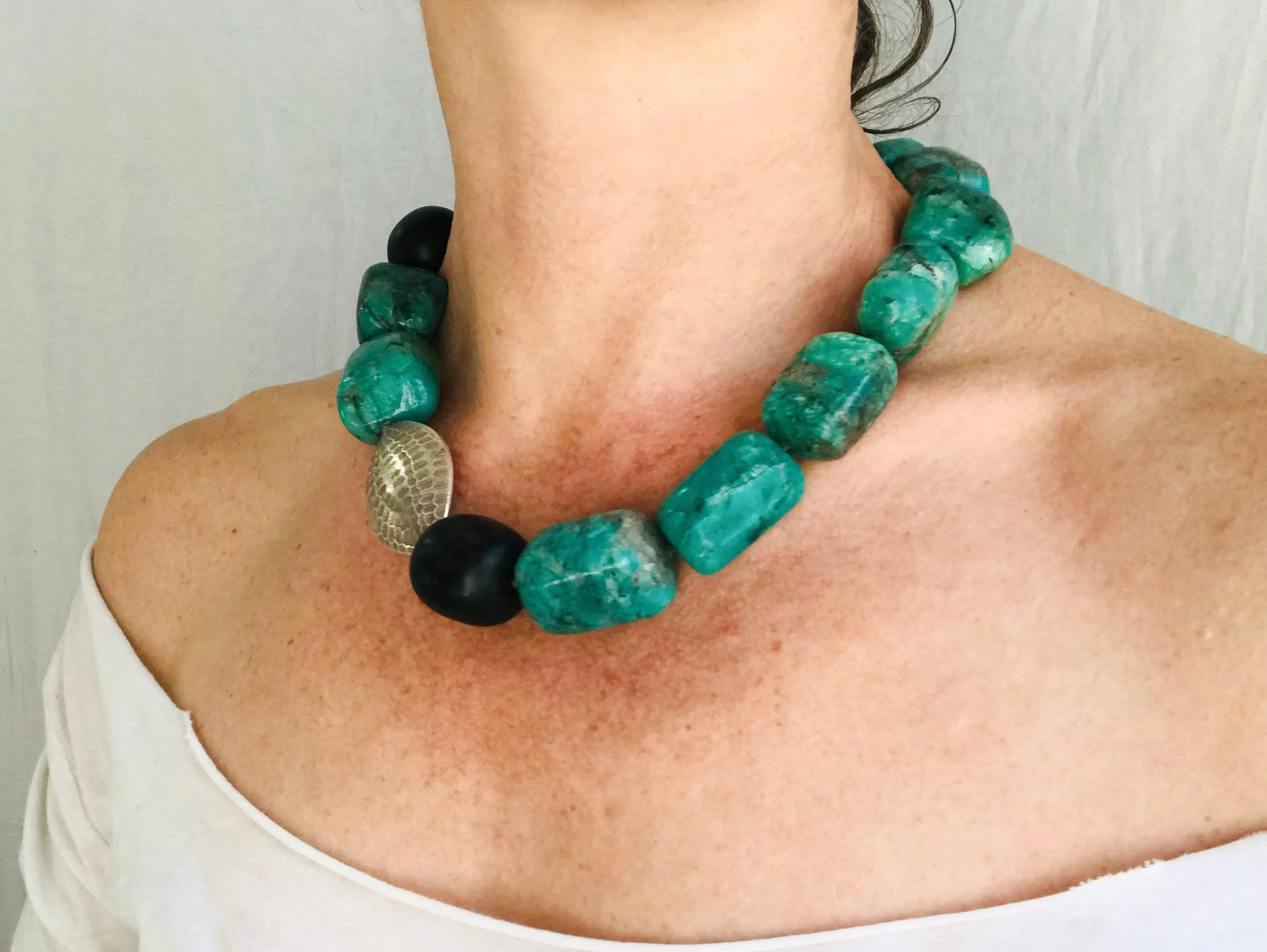 Amazonite, Silver & Ebony Necklace. Chunky.