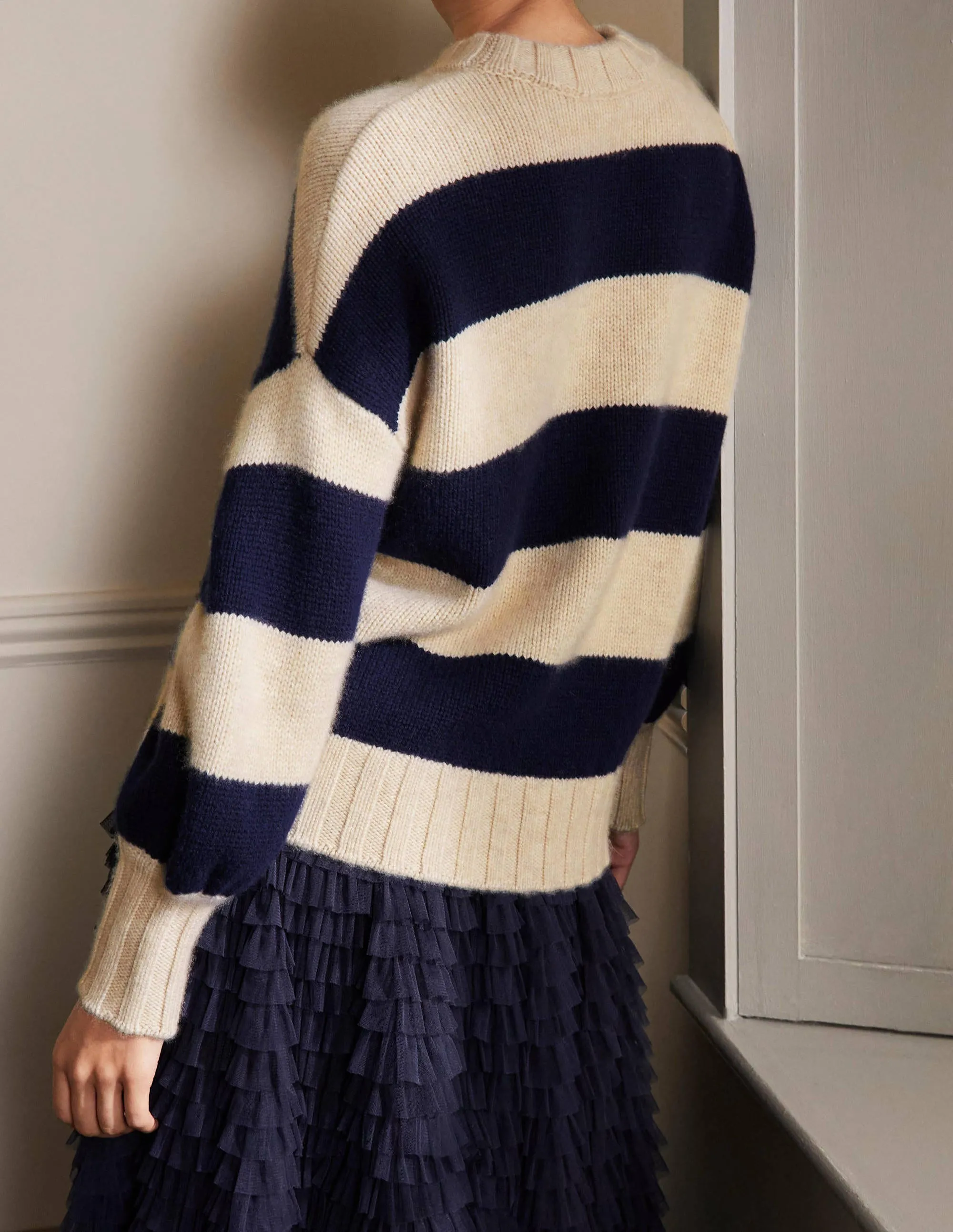 Chunky Cashmere Jumper-Navy, Oatmeal Melange Stripe