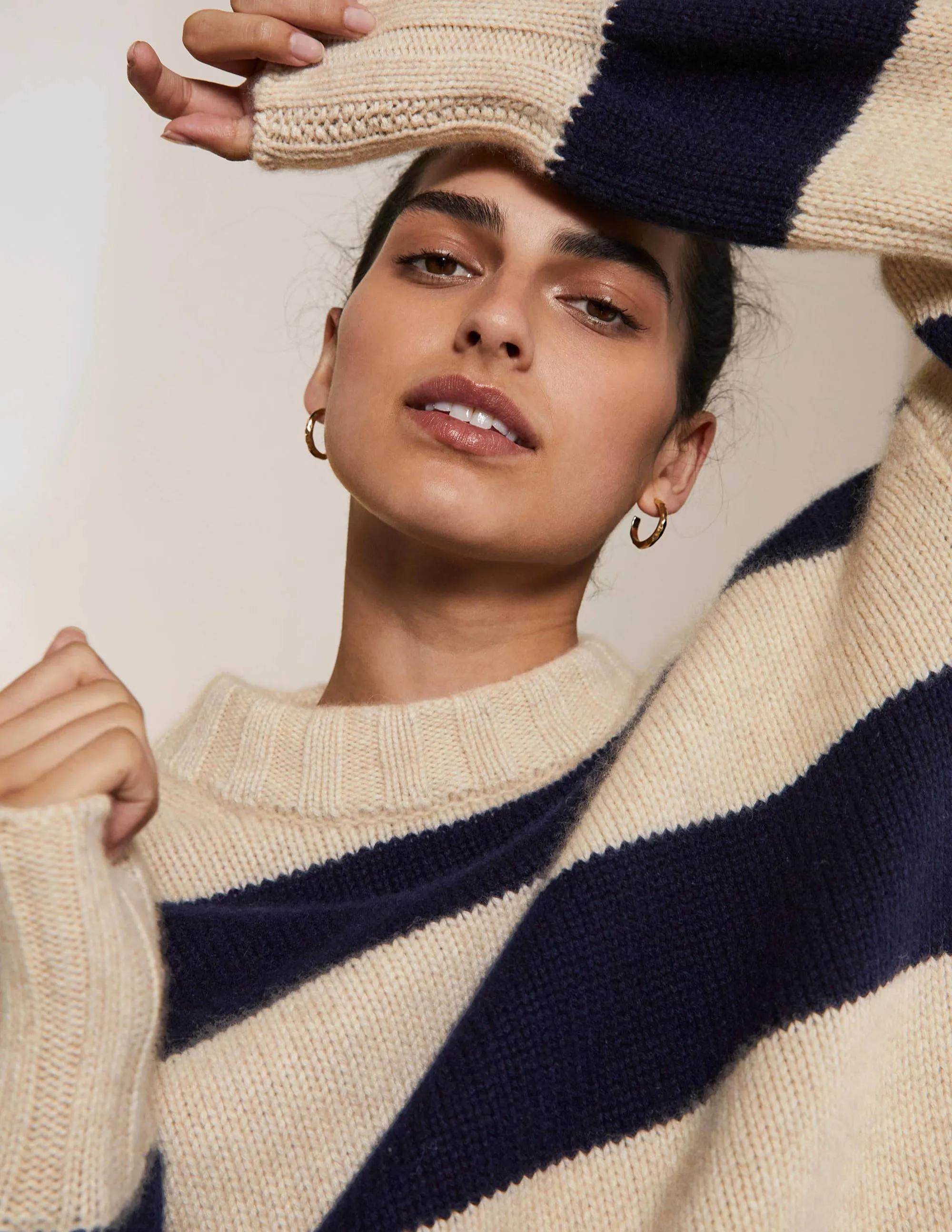 Chunky Cashmere Jumper-Navy, Oatmeal Melange Stripe