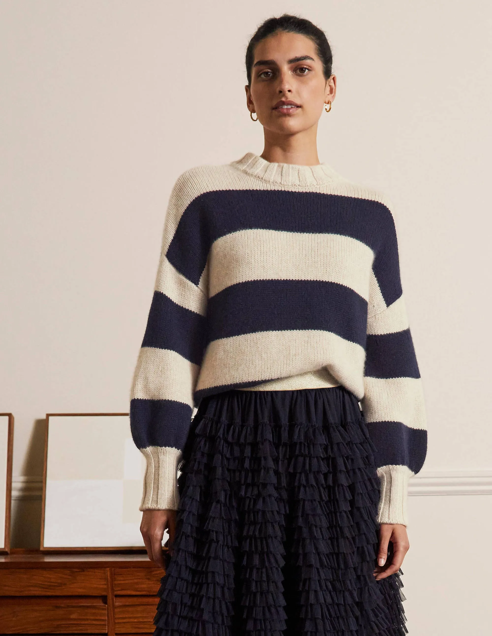 Chunky Cashmere Jumper-Navy, Oatmeal Melange Stripe