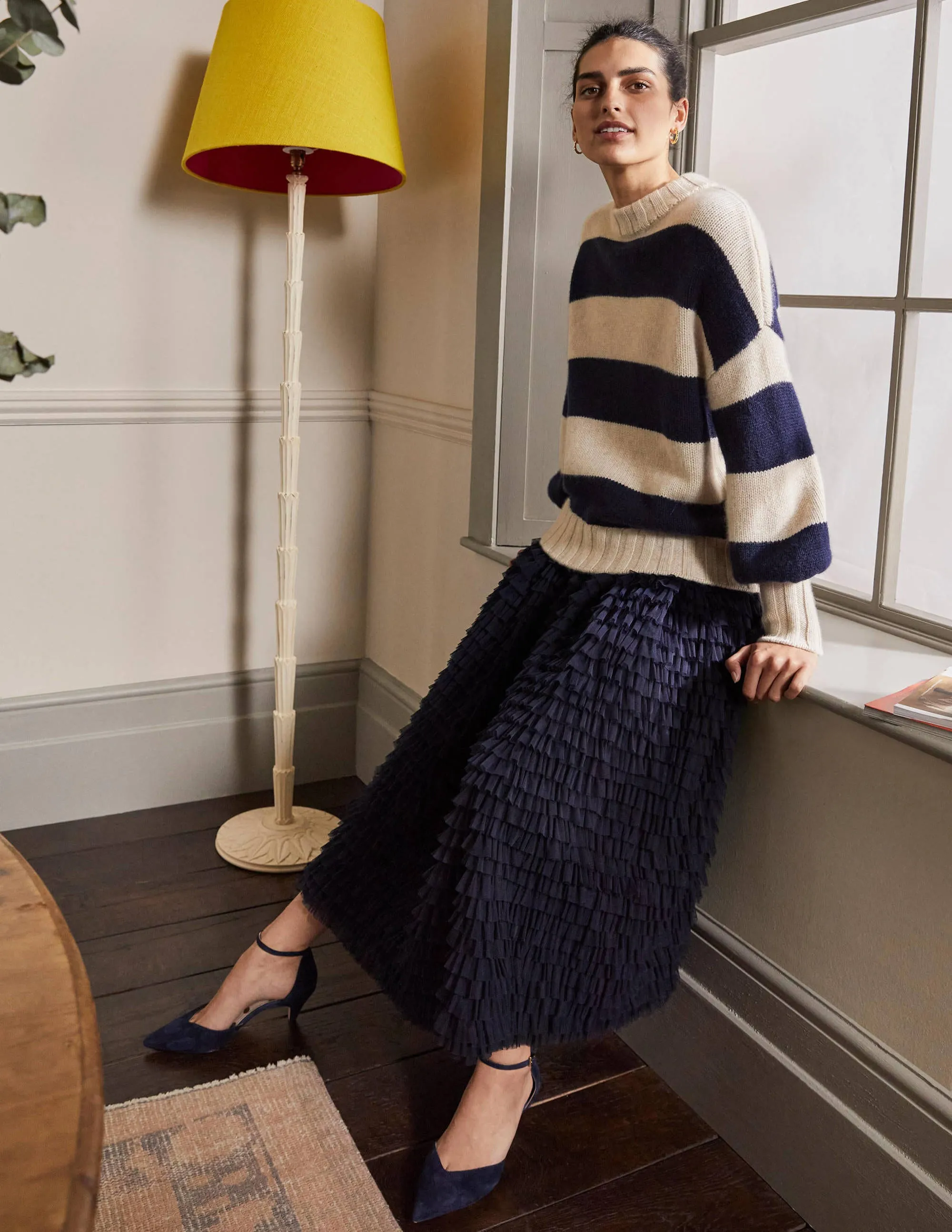 Chunky Cashmere Jumper-Navy, Oatmeal Melange Stripe