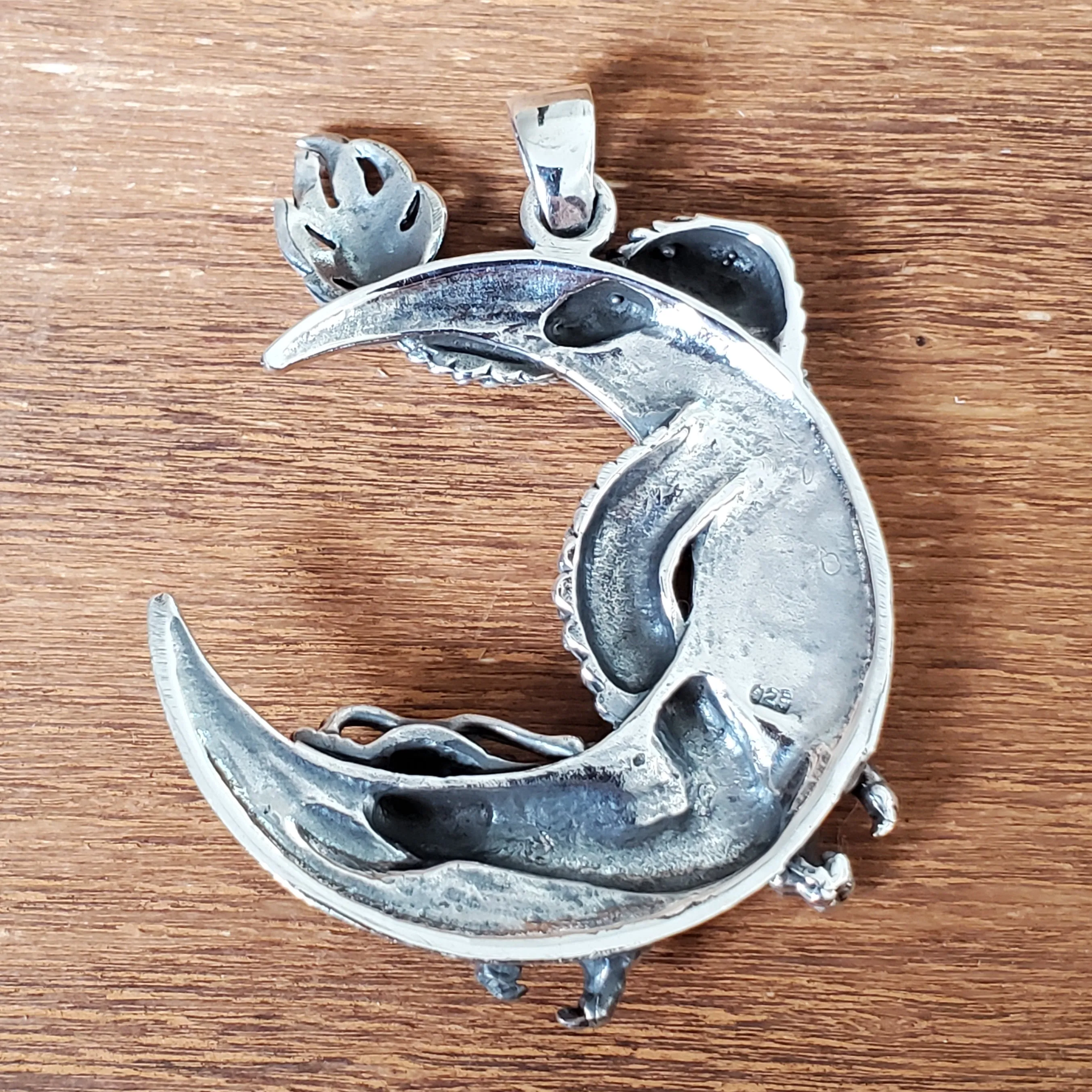 Dragon on Moon .925 Solid Sterling Silver Charm Pendant