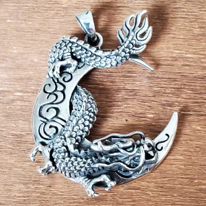 Dragon on Moon .925 Solid Sterling Silver Charm Pendant
