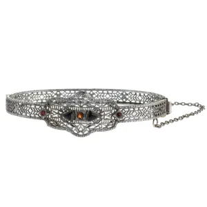 Filigree bangle bracelet, Art Deco silver plated with rhodium, red and black glass stones. j-brad106