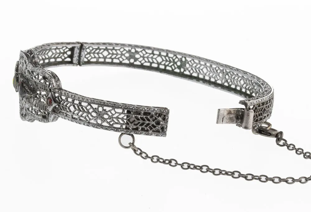 Filigree bangle bracelet, Art Deco silver plated with rhodium, red and black glass stones. j-brad106