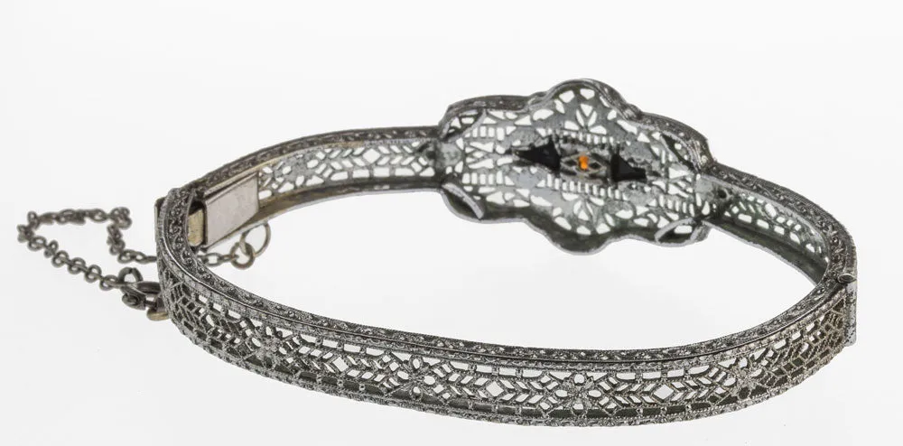 Filigree bangle bracelet, Art Deco silver plated with rhodium, red and black glass stones. j-brad106