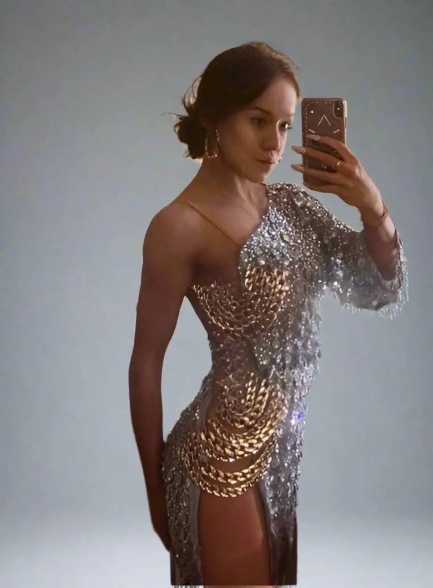 Glamorous Vesa One Sleeve Silver Latin Dress