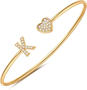 Gold Initial Bracelets for Women Girls, 14K Gold Plated Gold Bangle Bracelets for Women Girls Dainty Gold Initial Bracelets Heart Bracelets for Women Girls Bridesmaids Bracelets Gifts