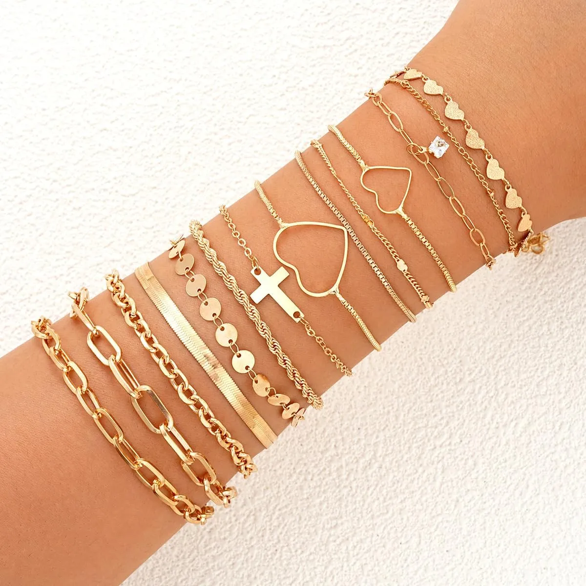 Gold Stack Bracelets for Women Gold Jewelry Set Trendy Delicate 14k Gold Plated Stack Bracelets Chain Bracelets Set Lovely Paperclip Link Bracelet Pack Stack Gold Jewelry