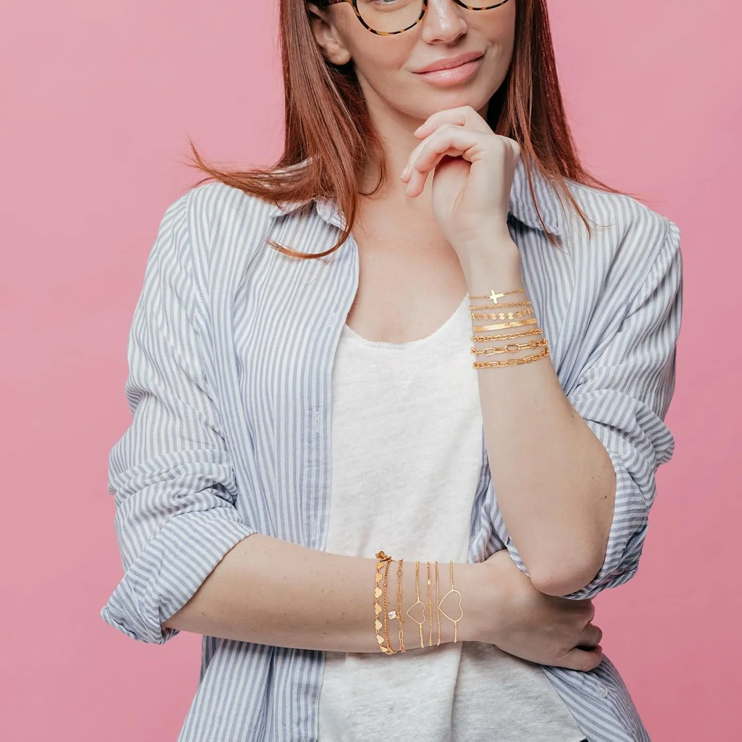 Gold Stack Bracelets for Women Gold Jewelry Set Trendy Delicate 14k Gold Plated Stack Bracelets Chain Bracelets Set Lovely Paperclip Link Bracelet Pack Stack Gold Jewelry