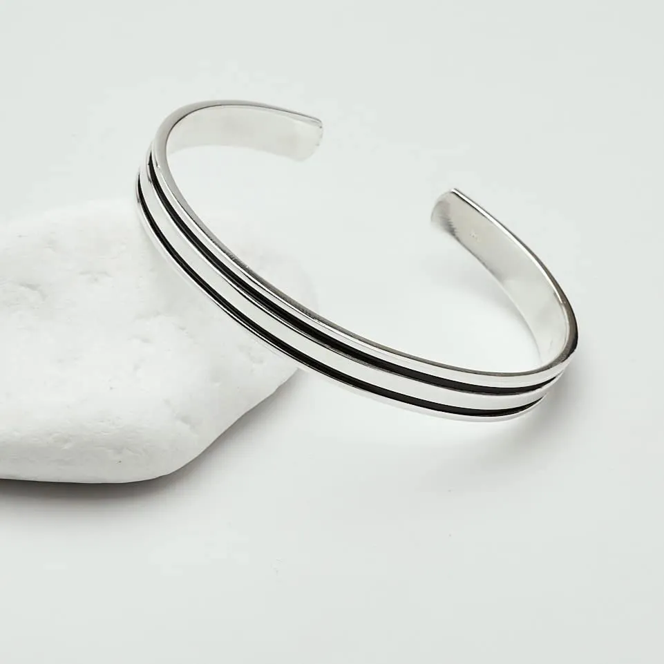 Men's Silver Bangle Bracelet | Solid 925 Sterling Silver Double Lines Open Cuff Bracelet Adjustable Size
