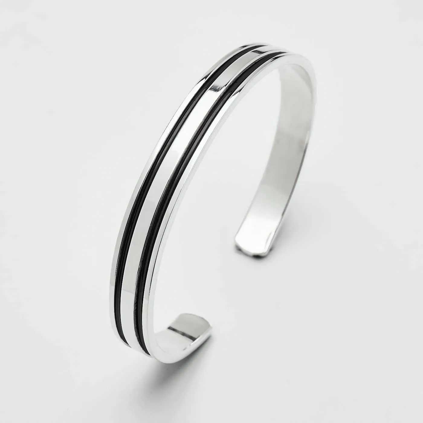 Men's Silver Bangle Bracelet | Solid 925 Sterling Silver Double Lines Open Cuff Bracelet Adjustable Size