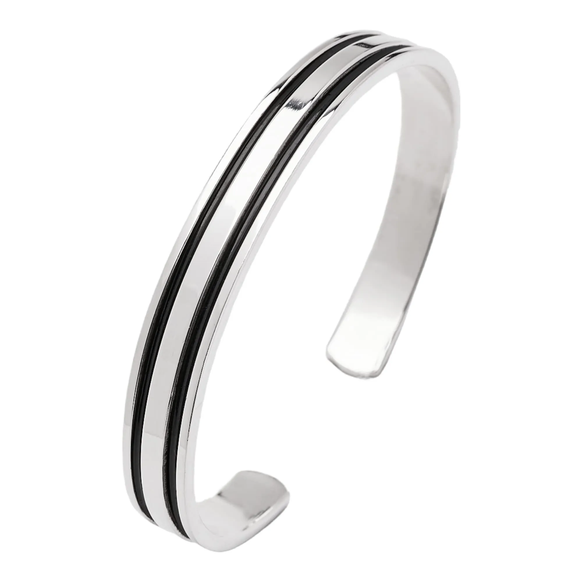 Men's Silver Bangle Bracelet | Solid 925 Sterling Silver Double Lines Open Cuff Bracelet Adjustable Size