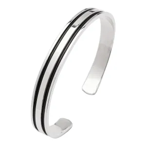 Men's Silver Bangle Bracelet | Solid 925 Sterling Silver Double Lines Open Cuff Bracelet Adjustable Size