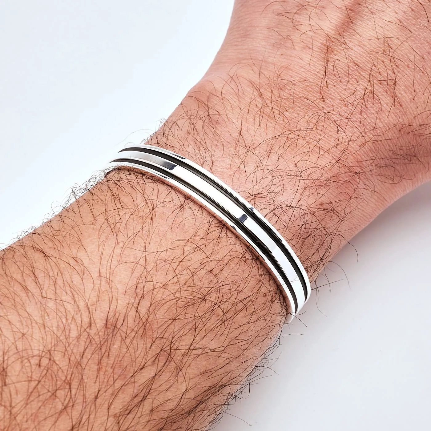 Men's Silver Bangle Bracelet | Solid 925 Sterling Silver Double Lines Open Cuff Bracelet Adjustable Size