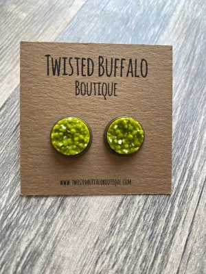 Moss Green {ROUND} Sparkly Magenta 12mm Druzy Earrings