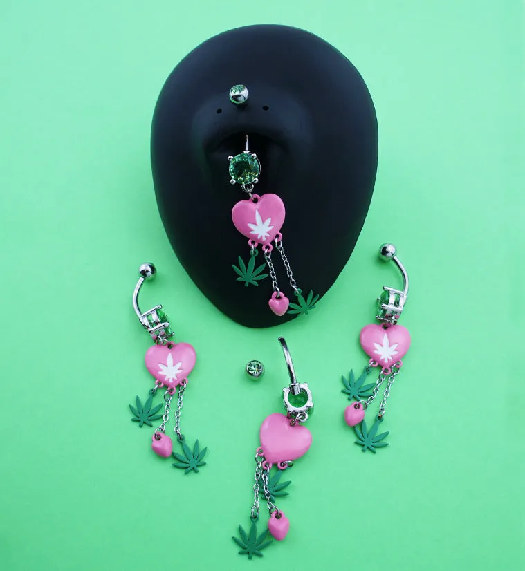 Pink Cannabis Leaf Heart Dangle Stainless Steel Belly Button Ring
