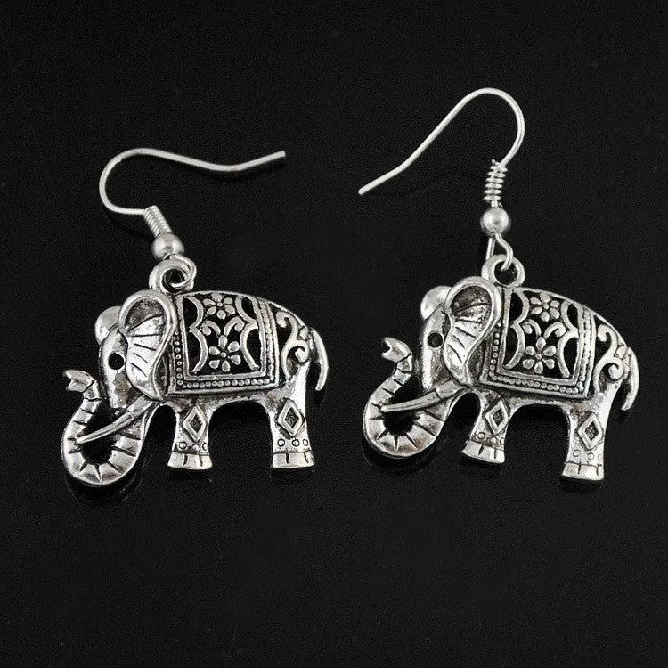 Unique Tibetan Silver Hollow Carved Elephant Drop Dangle Fashion Vintage Earrings For Women
