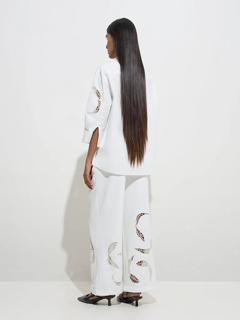 Wardrobe White Leaf Design High-Rise Trousers