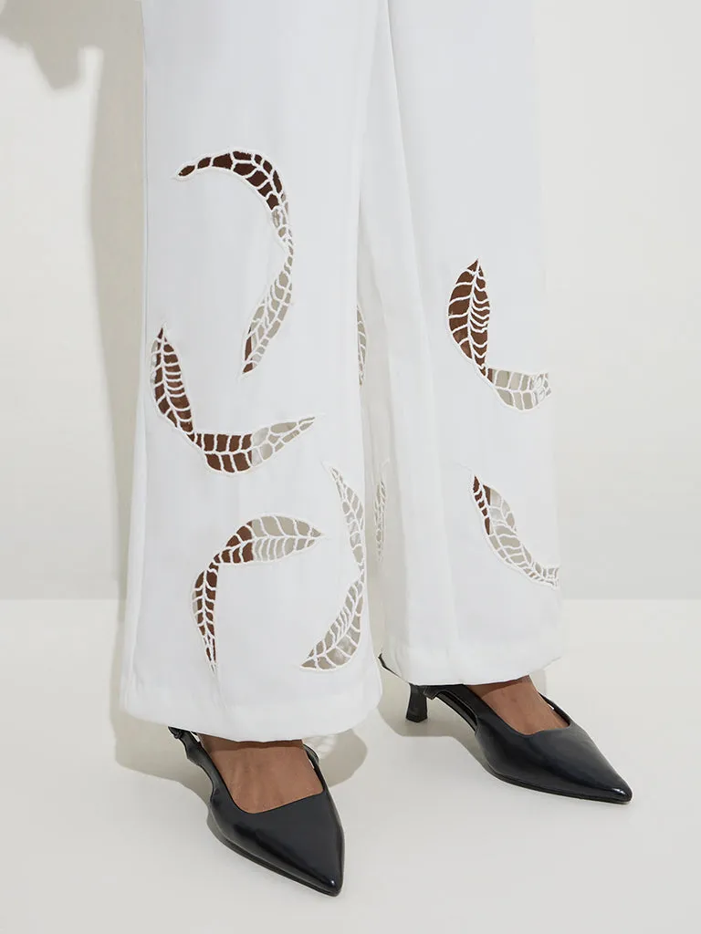 Wardrobe White Leaf Design High-Rise Trousers