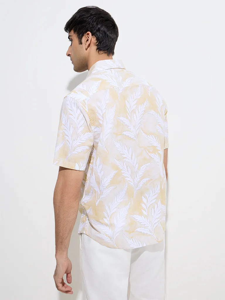 WES Casuals Yellow Leaf Patterned Relaxed-Fit Cotton Shirt
