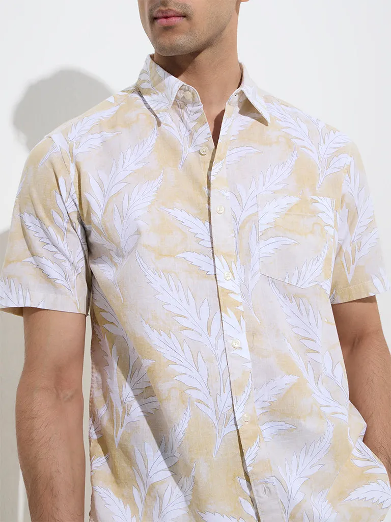 WES Casuals Yellow Leaf Patterned Relaxed-Fit Cotton Shirt